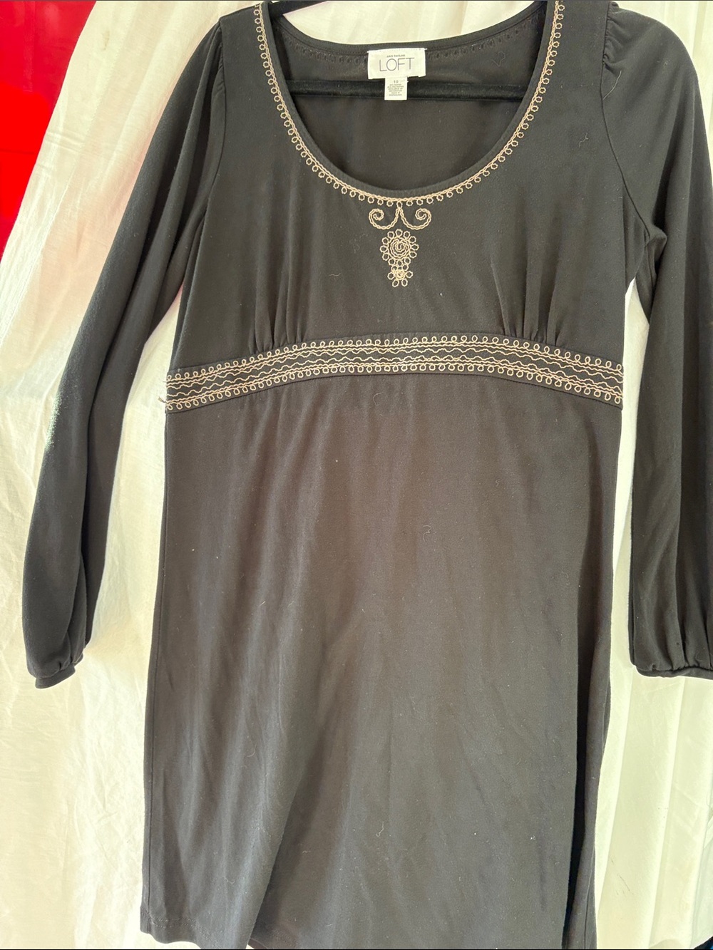LOFT Black Long-Sleeve Dress with Gold Embroidery